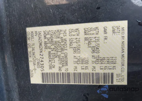 2015 Nissan Murano Platinum z USA, uszkodzony, nr VIN 5N1AZ2MG2FN274305